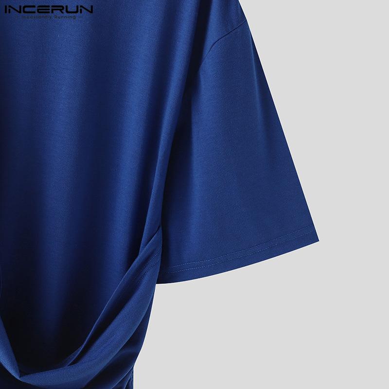 INCERUN Мужские нестандартные топы с рюшами, повседневные однотонные футболки из ткани