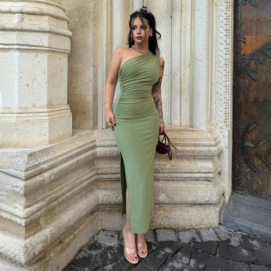 Вечернее женское платье на одно плечо, без рукавов, с наклонным вырезом, плиссированное облегающее платье-футляр, однотонное, эластичное, с разрезом подол, Клубное вечернее платье макси