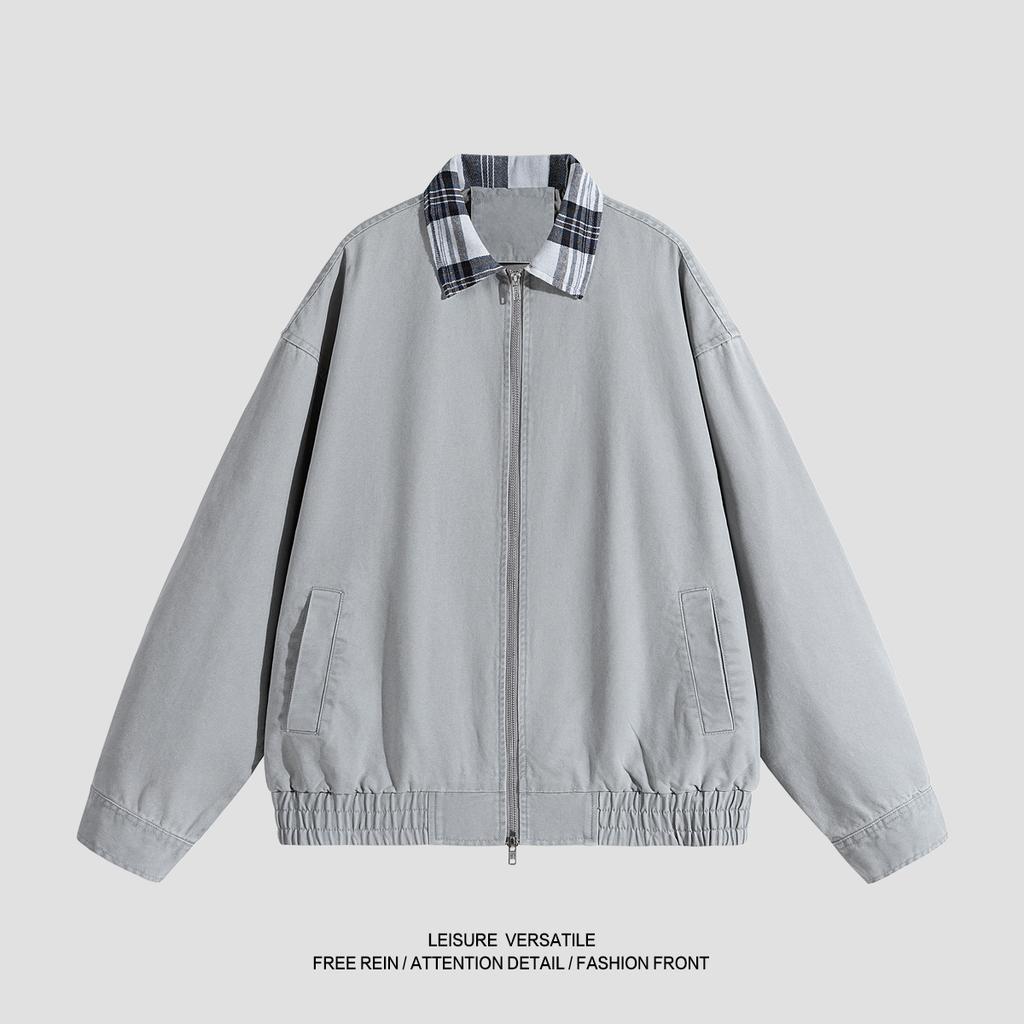 Retro Jacket Men's Spring and Autumn Plaid Lapel Pure Cotton Work Clothes Washing Old Jacket Loose Top