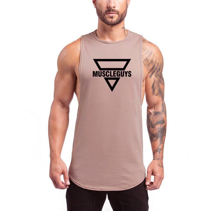 Muscleguys Летняя спортивная одежда, топы для фитнеса, мужские хипстерские тренировочные жилеты с буквенным принтом, мужские повседневные майки с круглым вырезом, спортивная майка