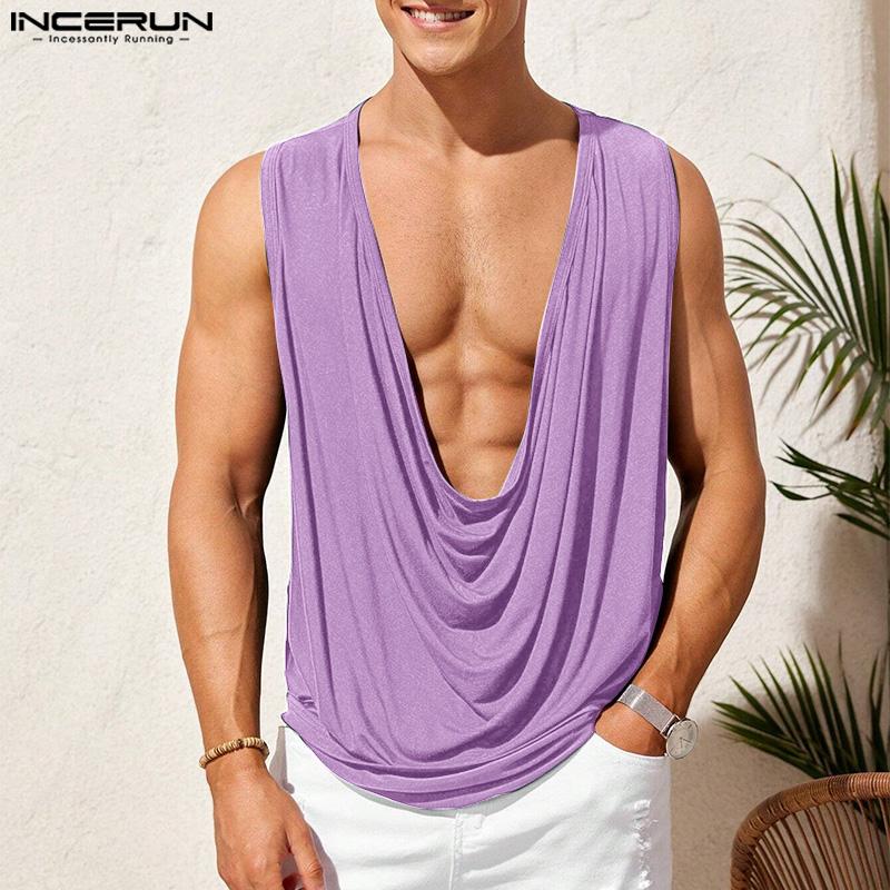 INCERUN Men Cowl Neck Low Cut Sleeveless Sexual Vest Casual Tank Tops