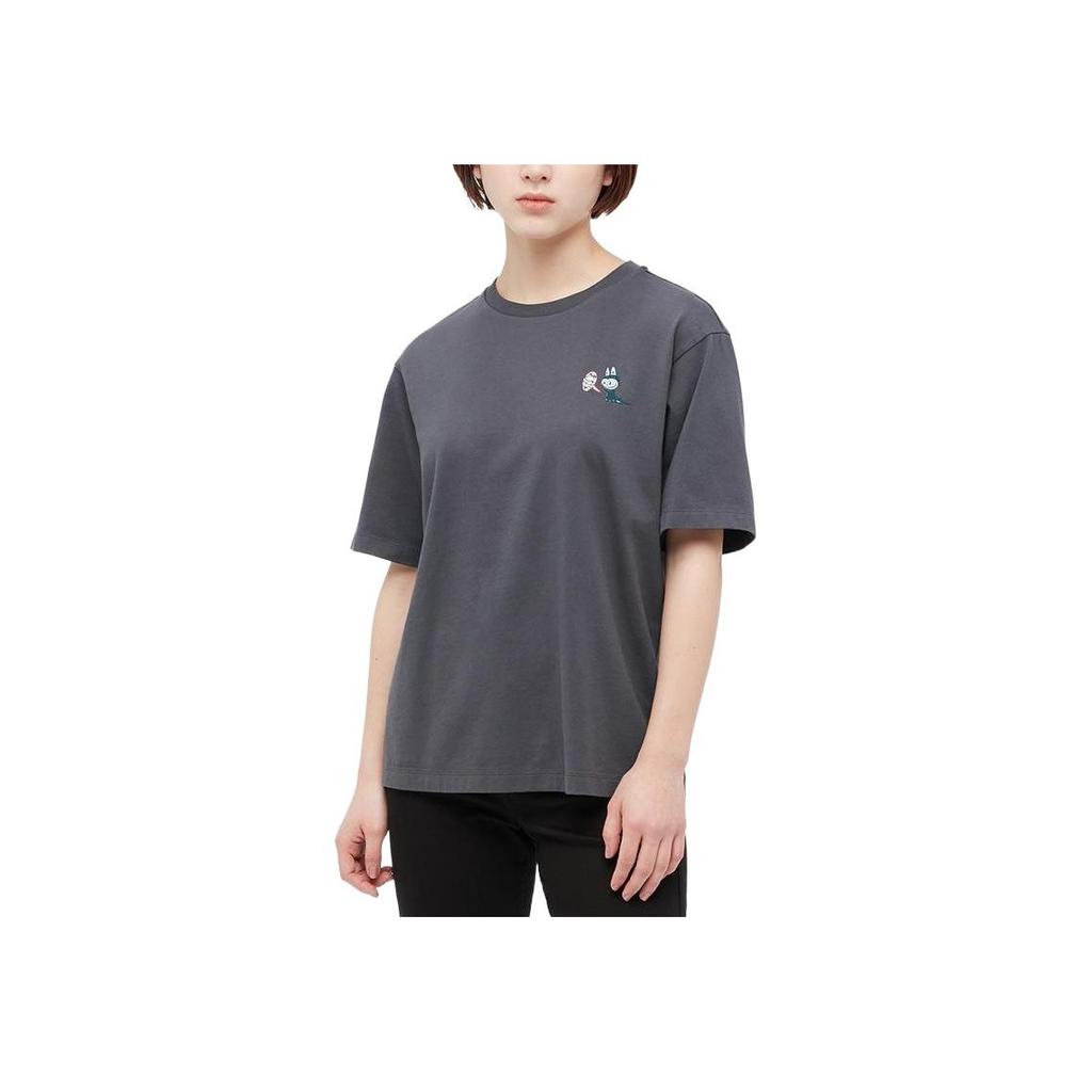 Uniqlo X Pop Mart Мультяшный Аниме Принт Футболка с Круглым Вырезом Унисекс Топы Темно-Серый 449367-08
