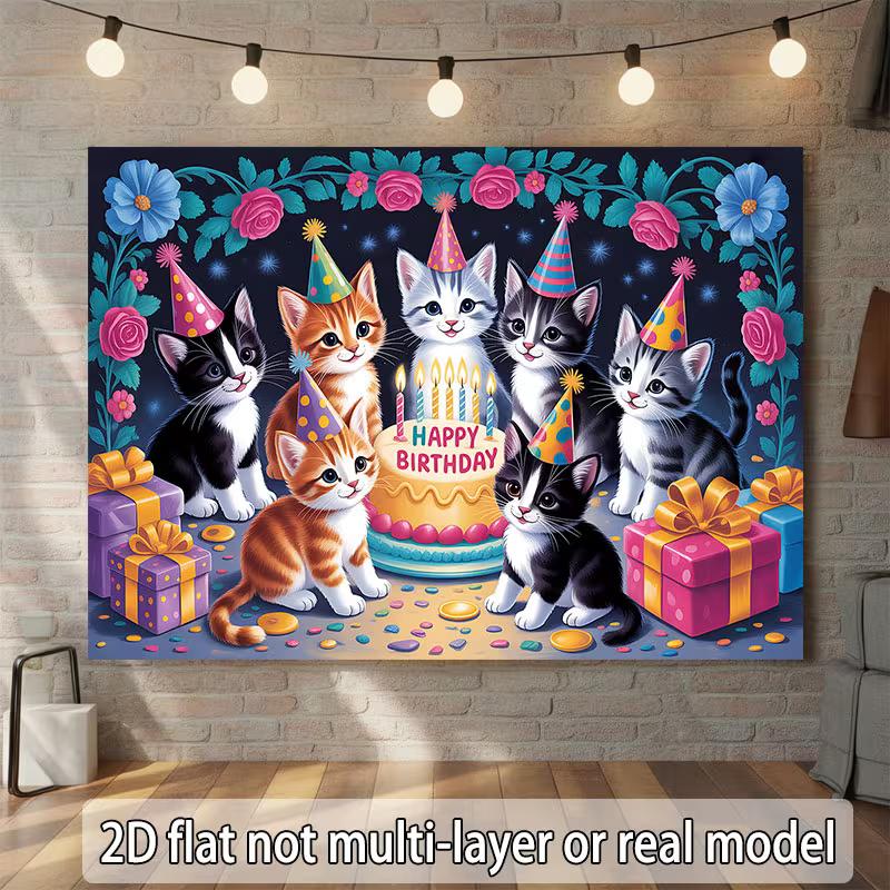 2D Cat Themed Happy Birthday Backdrop for Kids Birthday Party Decoration