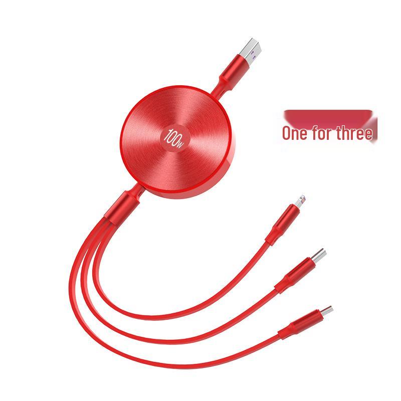 3-в-1 Кабель для быстрой зарядки 100 Вт, Совместим с Apple и Huawei, Дизайн с одним вытягиванием 6A