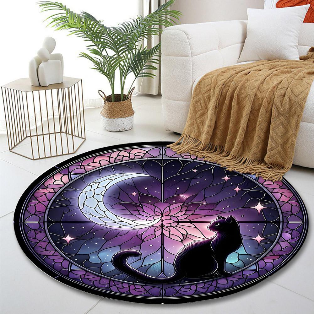 "Moonlit Black Cat Stained Glass Design" Print round rug, living room, bedroom, playroom carpet, non slip floor mat, gift