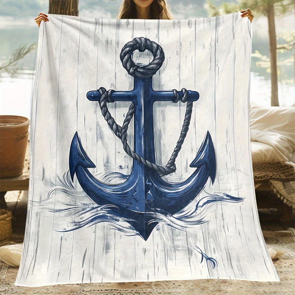 Nautical Anchor Design Flannel Blanket White Wood Texture Navy Blue Rope Marine Style Decor Soft Warm Throw forBedroomLivingRoom
