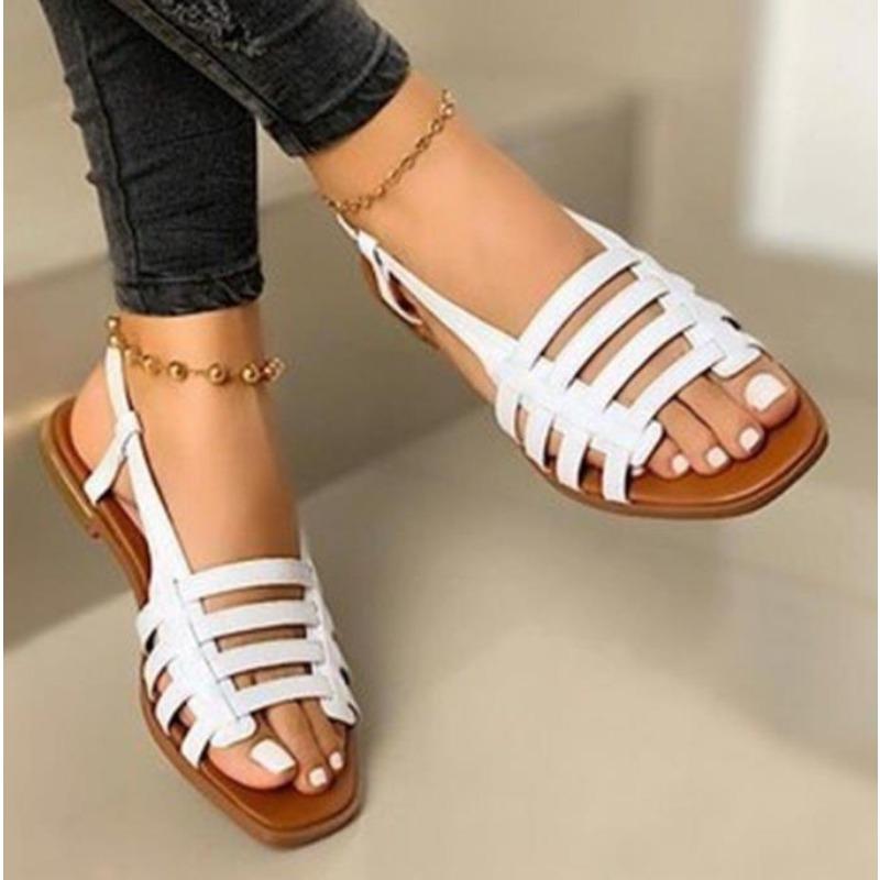 Fashion Large Size Sandals New Square Head Thin Belt Woven Flat Shoes Light Anti-slip Wear-resistant Beach Shoes