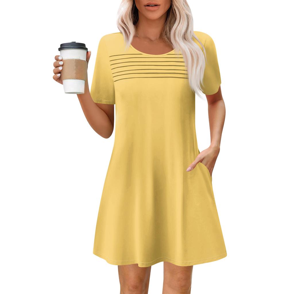 Women's Summer Casual Round Neck Pleated With Pockets Solid Color Short Sleeve Dresses