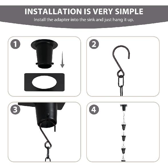 Rain Chains for Gutters with Gutter Adapter, Aluminum Hammered Long Cup Gutter Chain Downspout, 8-1/2 Feet Length Replacement Rain Chain Gutters,