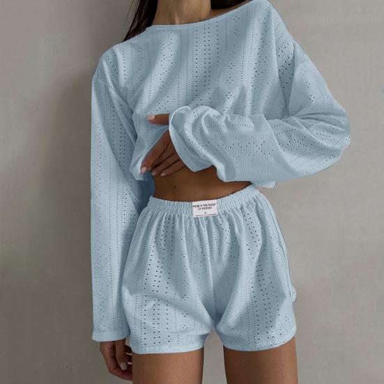 2 шт./компл., женский топ, шорты, наряд с открытой эластичной резинкой на талии, свободные, с длинными рукавами и круглым вырезом, тонкие однотонные дышащие мягкие домашние футболки, комплект с шортами