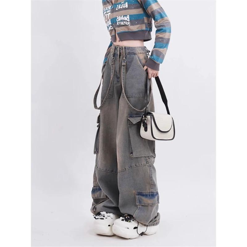 Flap Pocket Cargo Jogger Jeans Pants Women 2023 Vintage Low Rise Jean Harajuku Streetwear Straight Wide Leg Baggy Jeans Techwear Hip Hop Punk