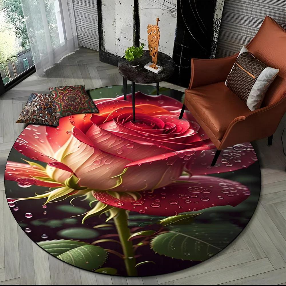 Crystal Velvet Luxury Flower Round Rug – Rose & Daisy Print Nordic Non-Slip Mat for Living Room, Bedroom & Playroom