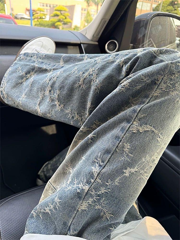 Женские синие жаккардовые джинсы широкого кроя - Ретро весенний дизайн со свободной, стильной посадкой