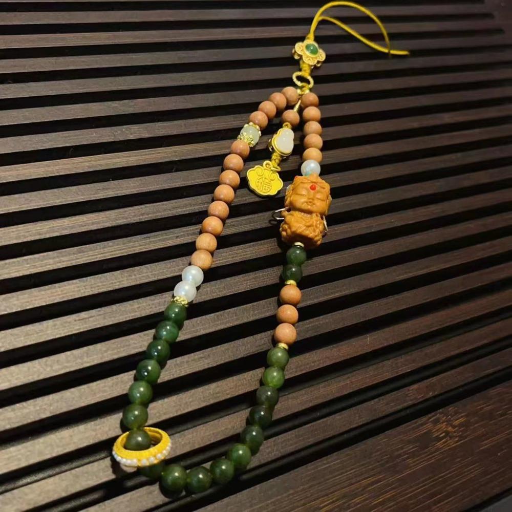 Short Mobile Phone Chain Chinese Style Antique Green Wrist Rope Pendant Beads Phone Lanyard Women