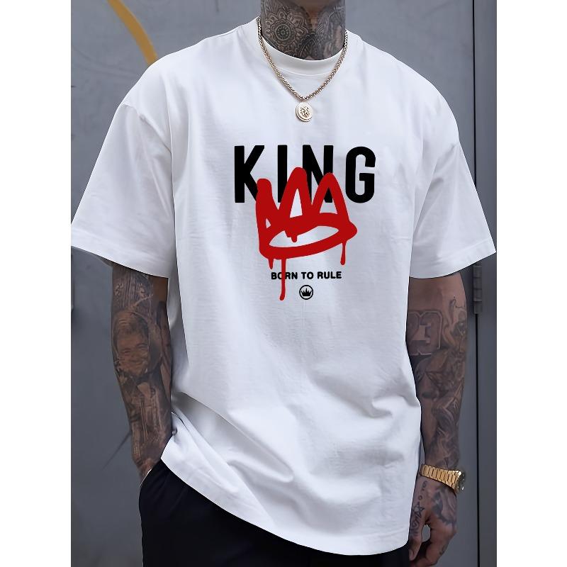 Мужская футболка "KING" европейского размера - Хлопок, Дышащая, С круглым вырезом, Короткий рукав, Повседневная летняя футболка с смелым принтом, Легкая