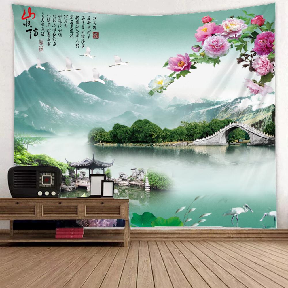 Natural Landscape Tapestry Mountain Waterfall Bird Day Flower Wall Hanging Home Wall Decoration Background Wall Tapestry