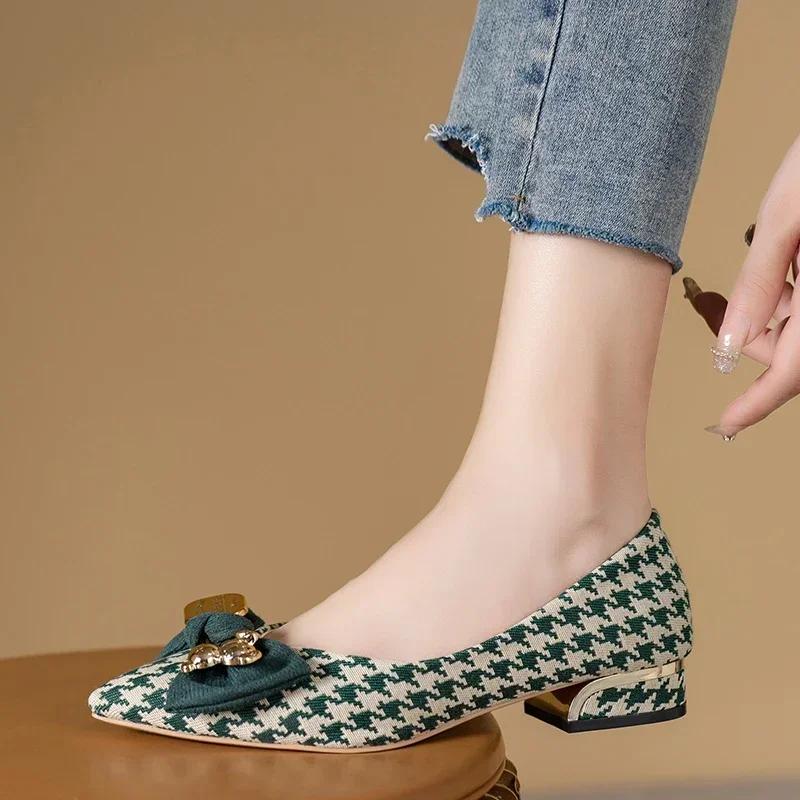 New Thick Heel Shoes Women's 2024 Autumn New All-match Pointed Toe Flat Shoes Houndstooth Bow Shallow Mouth Medium Heel