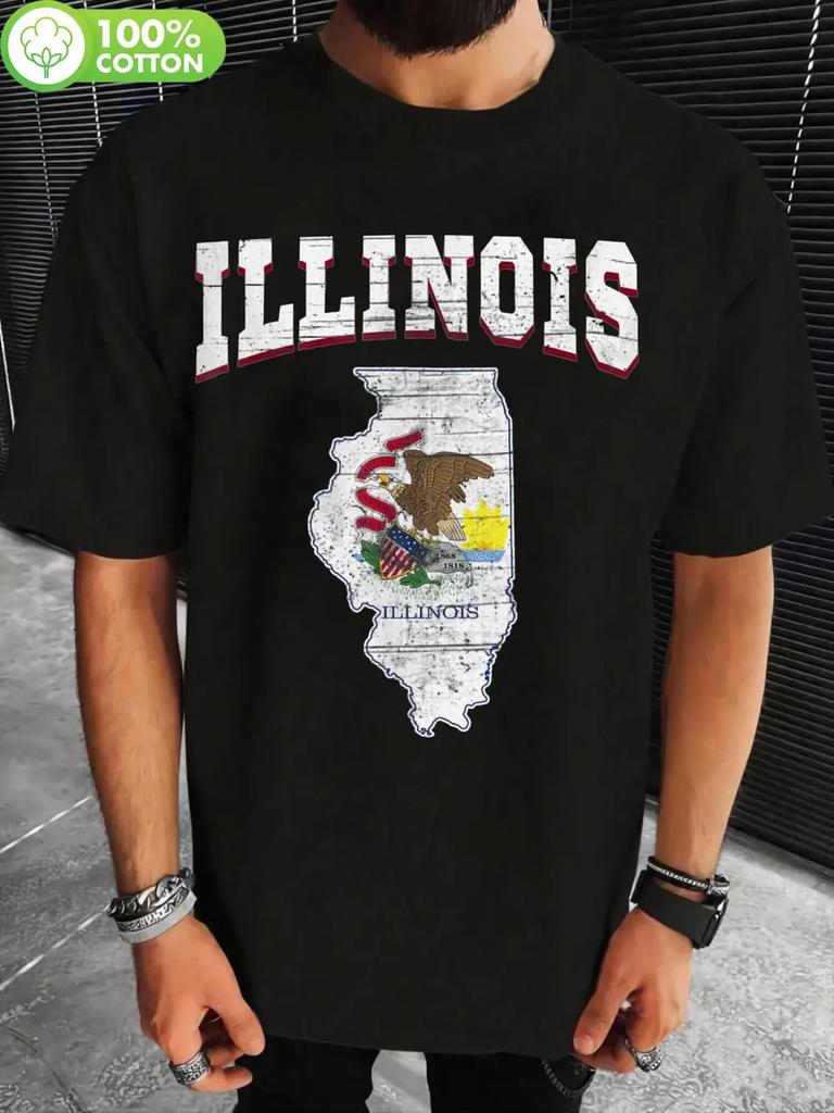 Proud American Illinois Map Print T-shirt - 100% Cotton Short Sleeve Crew Neck