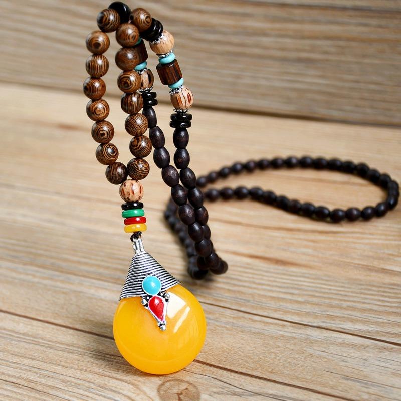 GemChic женские новые винтажные деревянные бусины янтарный кулон длинное ожерелье классическая этническая мода день рождения рождественский подарок на ювелирные изделия