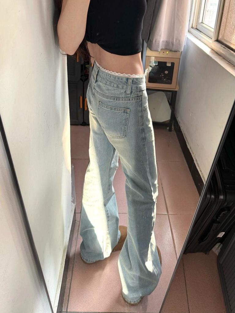 JYL TS Women Lace Trim Flare Denim Trousers, Low Waist, Floor Length Slim Fit For Street Look