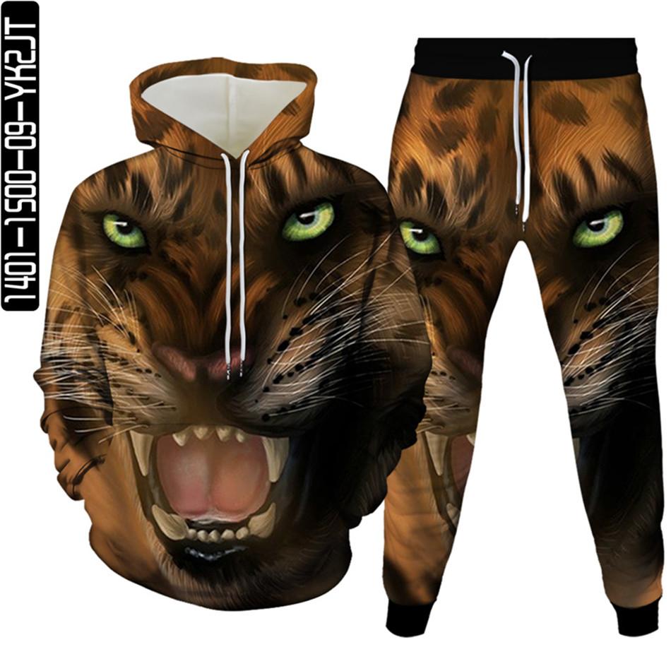 Весенне-осенний мужской спортивный костюм с 3D принтом животных и леопарда, 2 предмета, женский спортивный костюм больших размеров S-6XL, одежда с капюшоном и брюками, спортивный комплект