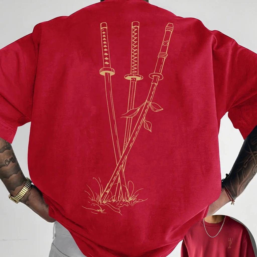 Mens Pure Cotton Tee Samurai Blade Grass Leaf Sketch Minimal Chest Mini Logo Graphic Loose Streetwear Short Sleeve Shirts