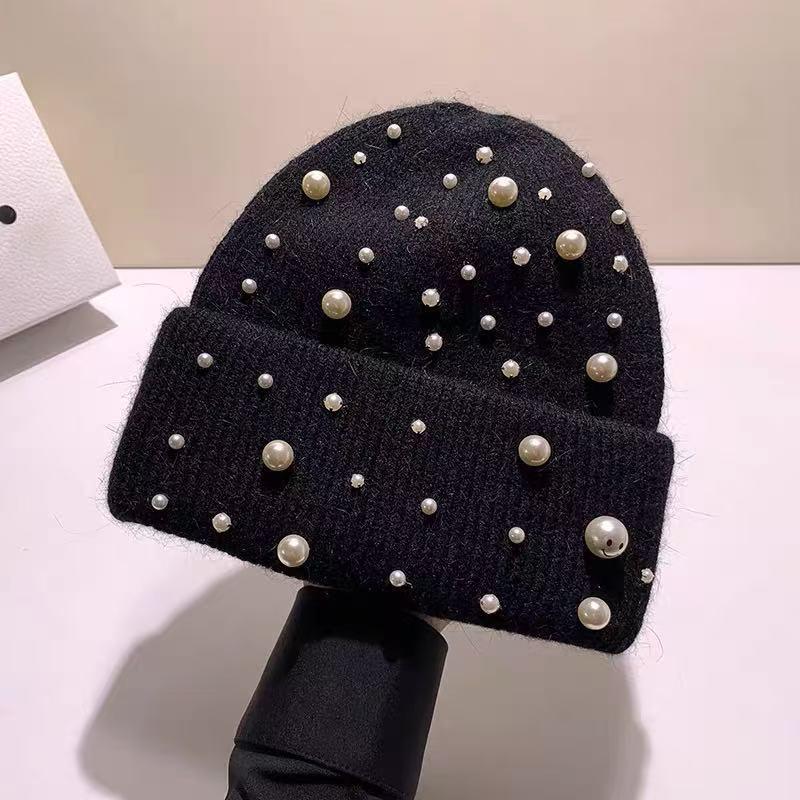 Новая осенне-зимняя шапка из плотной жемчужной шерсти, модная вязаная шапка с жемчугом, теплая защита для ушей