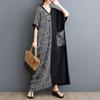 Plus Size Dress New Summer Holiday Basic Women V-Neck Loose Short Sleeve Vintage Long Spliced Dress