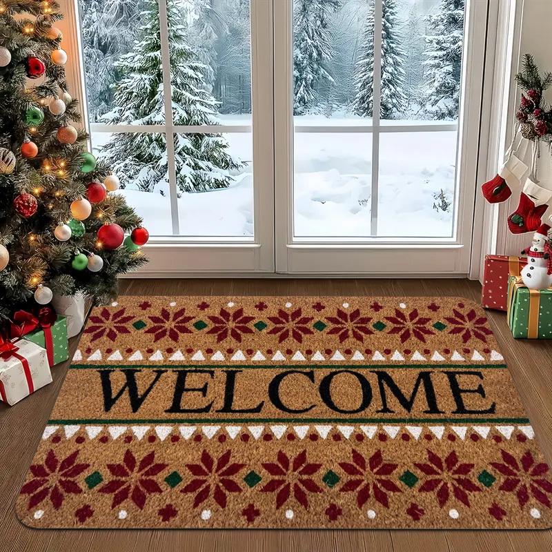 Welcome Christmas Geometric Pattern Flannel Doormat Non Slip Front Entry Floor Mat Retro Winter Holiday Entrance Decor Rug