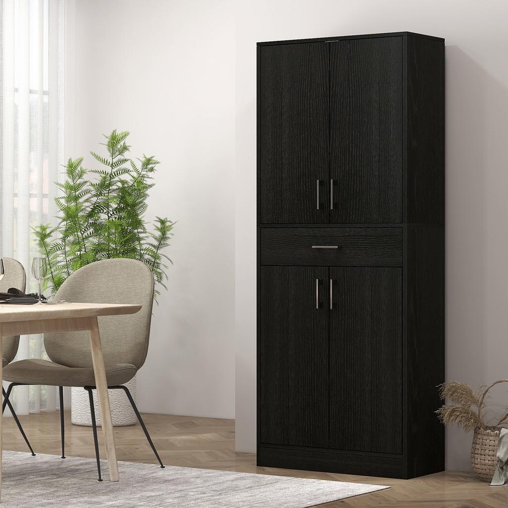 Tall buffet kitchen cabinet 4 doors 2 cupboards and 1 central drawer height 180 cm with 2 adjustable shelves black