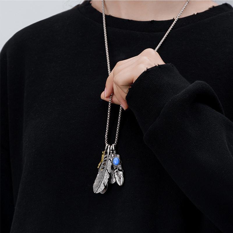 New Feather Pendant Hip Hop Titanium Steel Necklace Nightclub Personalized Trendy Versatile Simple Sweater Chain