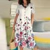 Women's Summer Casual Floral Print Button V Neck Short Sleeve Cotton Linen Dress