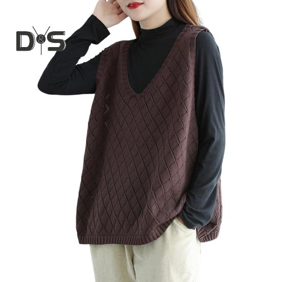 Весна Осень Женский Жилет Вязаный Свитер Ретро V-образный Вырез Свободный Без Рукавов Однотонный Пуловер Ажурный Ромбовидный Текстурный Топ Повседневная Одежда