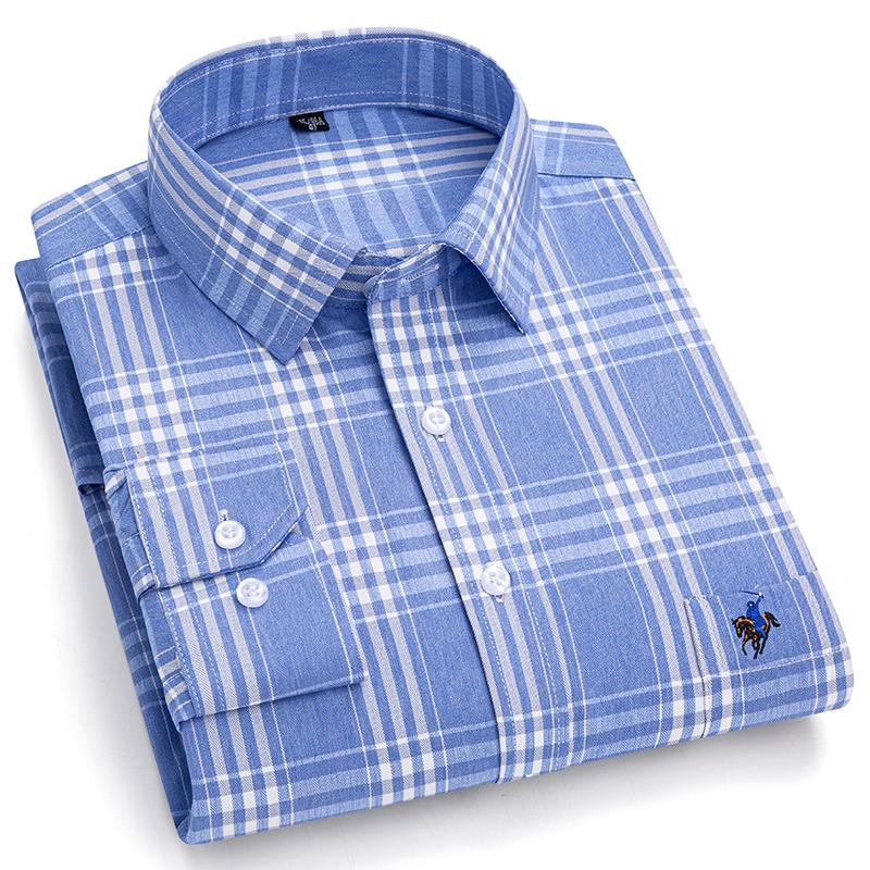 Рубашки из чистого хлопка в клетку для мужчин с длинным рукавом и логотипом, качественная официальная деловая мужская рубашка