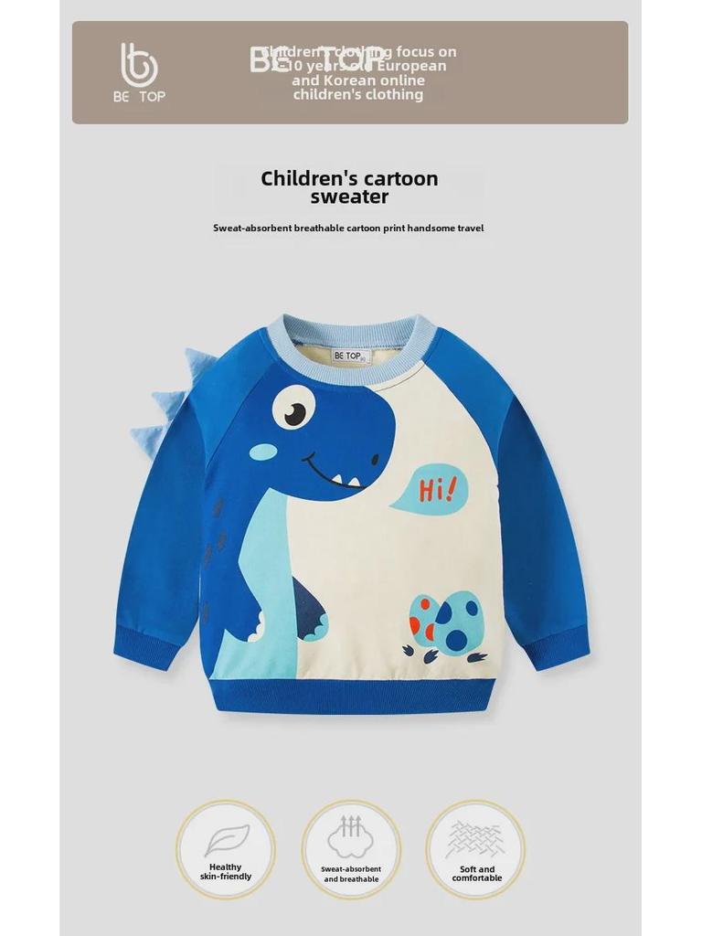 Детский свитер-пуловер с рисунком динозавра из мультфильма - коллекция Весна/Осень 2025, длинный рукав, контрастный цвет, круглый вырез