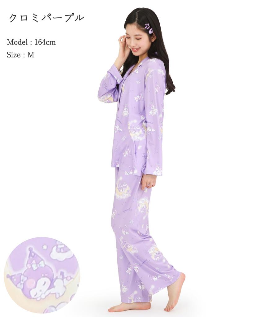 SAZAC Kuromi Shirt Powder Long Sleeve and Pants Loungewear Pajamas, Stretch, Women's, Set, (Purple/M/SAN1908)