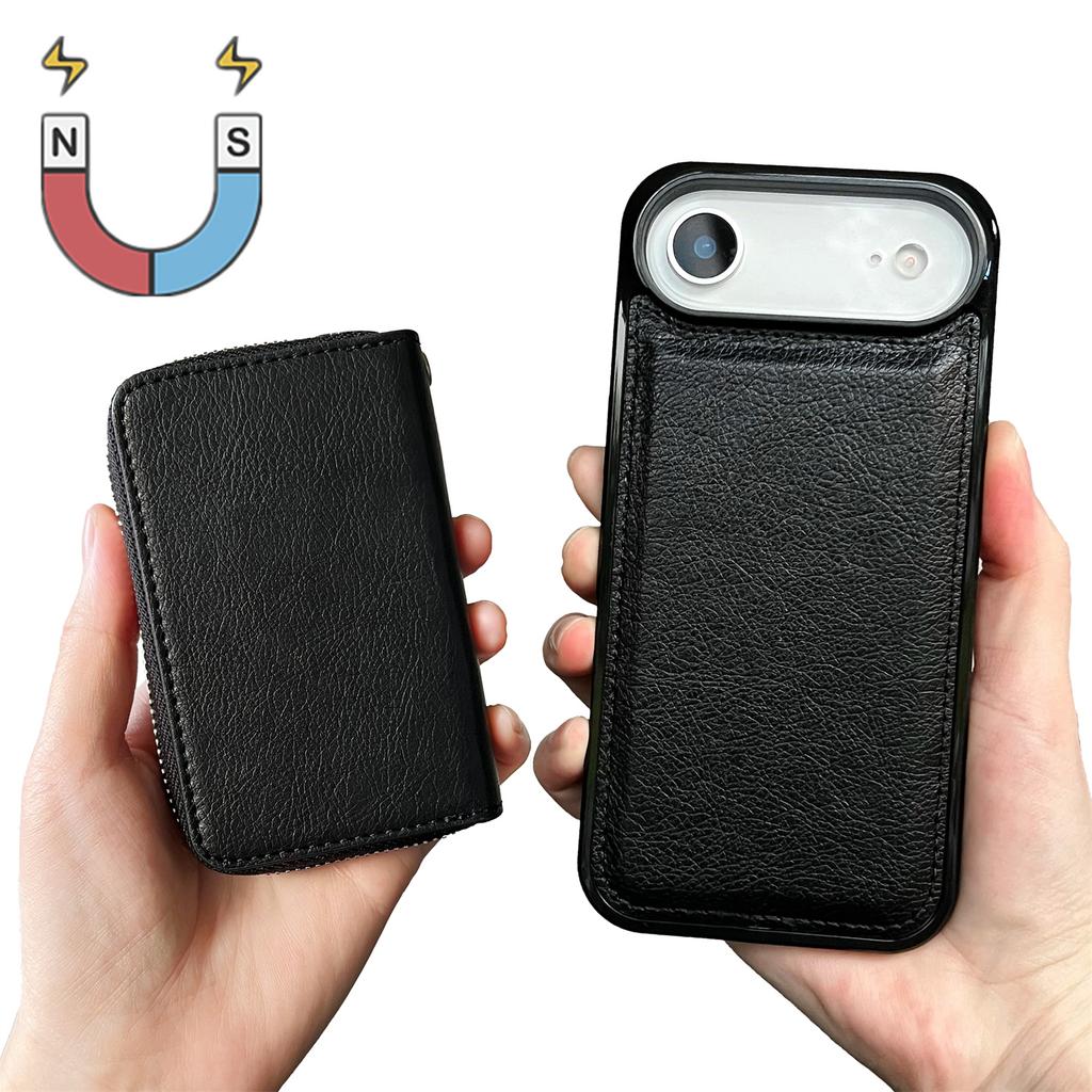 For iPhone Air Case Detachable Zipper Card Bag PU TPU Kickstand Phone Case with Strap