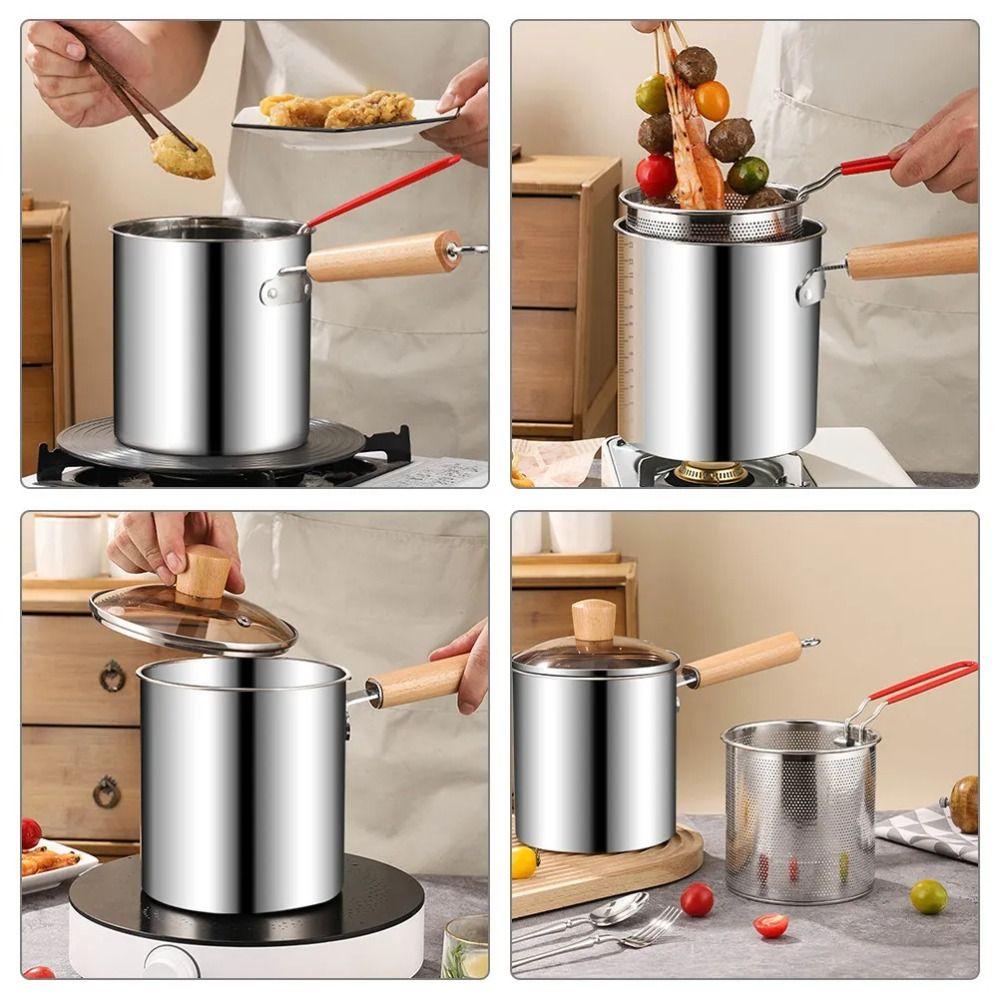 Strainer Basket Deep Fryer Pot Wood Handle Stainless Steel Frying Pan Household Cooking