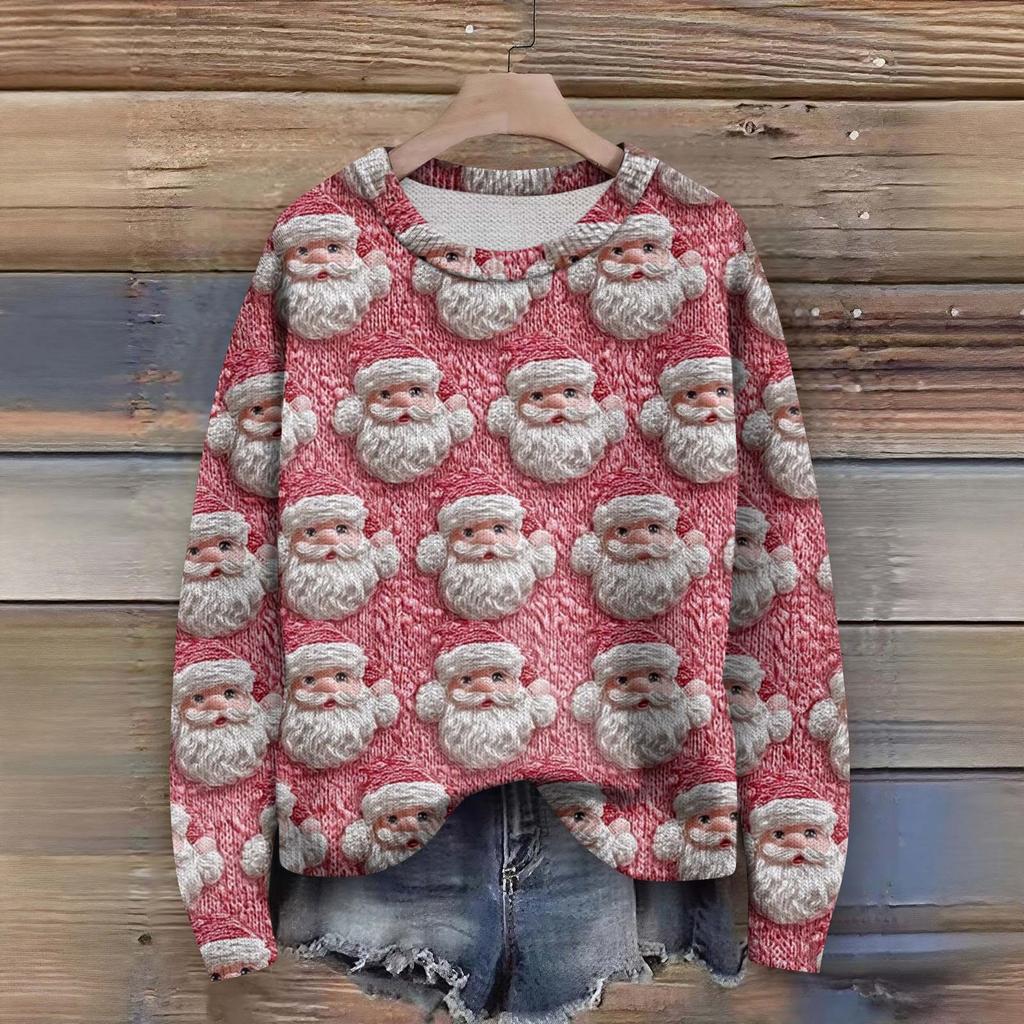 Long Sleeve Pullover Sweaters For Women O Neck Casual Cute Printing Knit Oversized Sweater