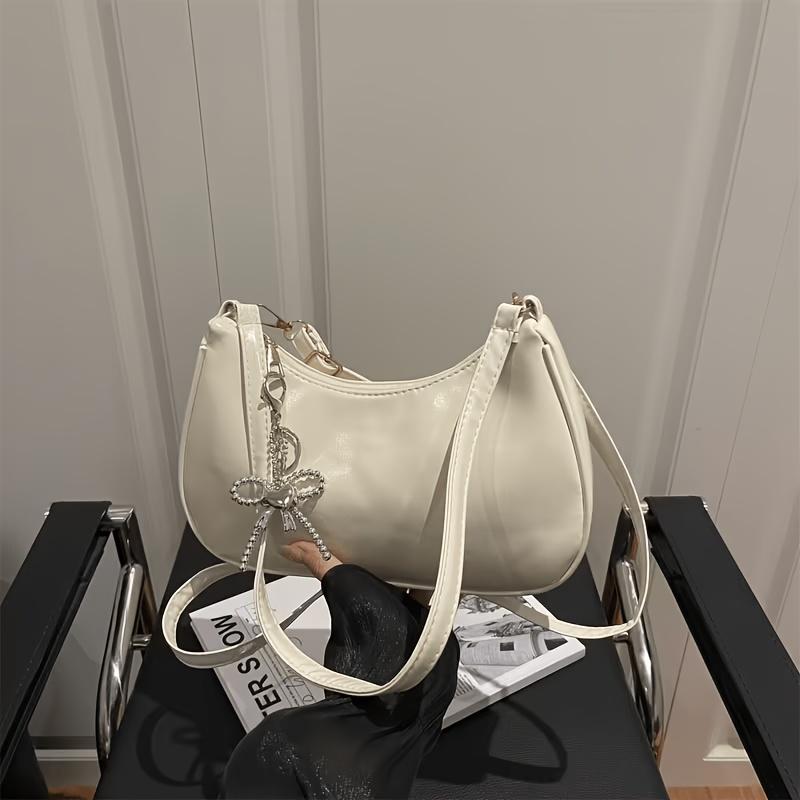 2026 New Chic and Simple Trendy Chain Shoulder Bag, Half-Moon Shaped Bag with Bow Charm, Solid Color Crossbody Bag for a Sexy Girl