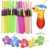50 Pieces Umbrella Summer Beach Luau Tropical Straws for Drinks Hawaiian Cocktails Umbrella Straws Drinks Party Decorations Supply(Hibiscus)