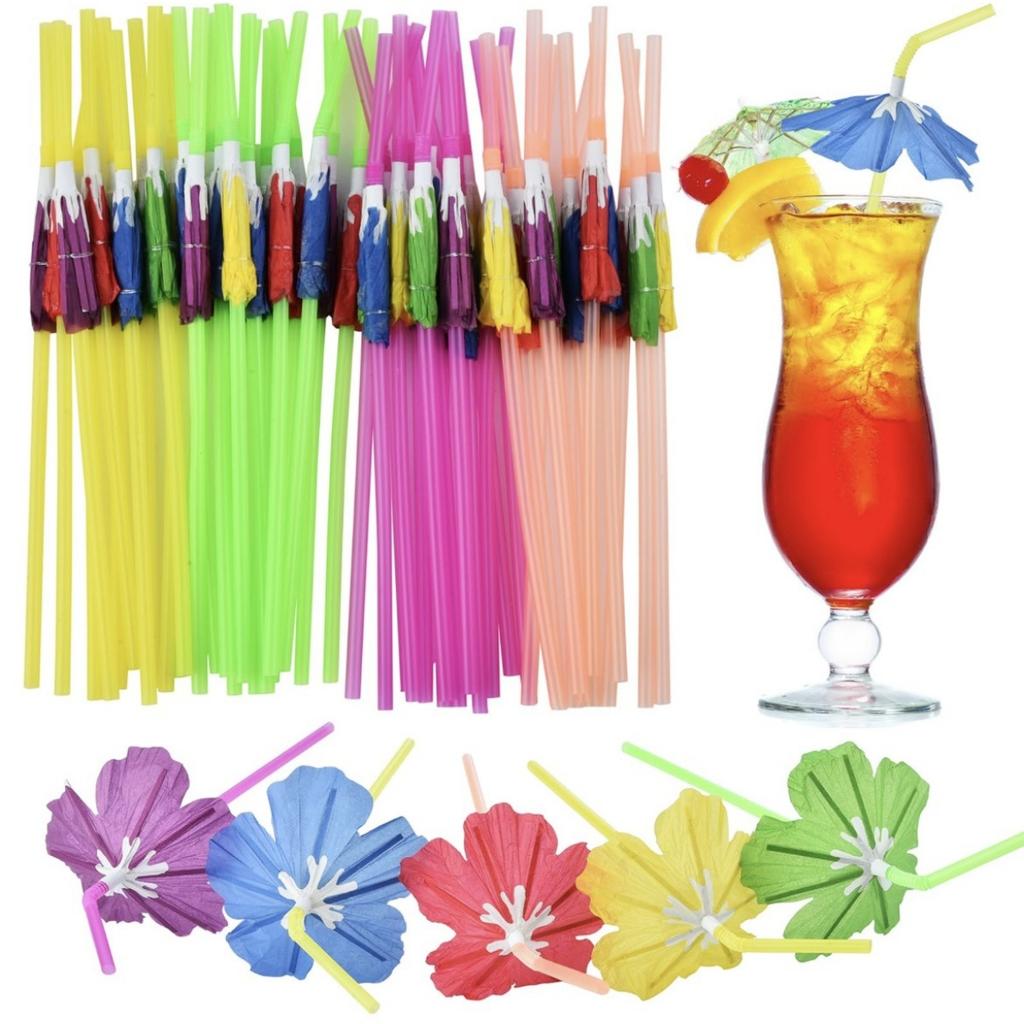 50 Pieces Umbrella Summer Beach Luau Tropical Straws for Drinks Hawaiian Cocktails Umbrella Straws Drinks Party Decorations Supply(Hibiscus)
