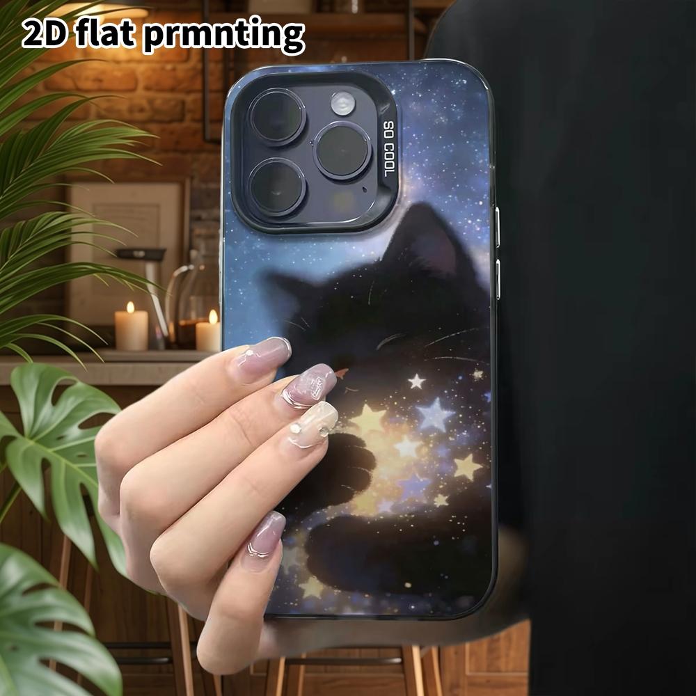 Чехол для телефона: 2D плоский дизайн, подходит для iPhone 18 17 16 15 14 13 Pro, красочный серебристый защитный чехол, парный стиль, маленький черный кот, обнимающий звезды, C