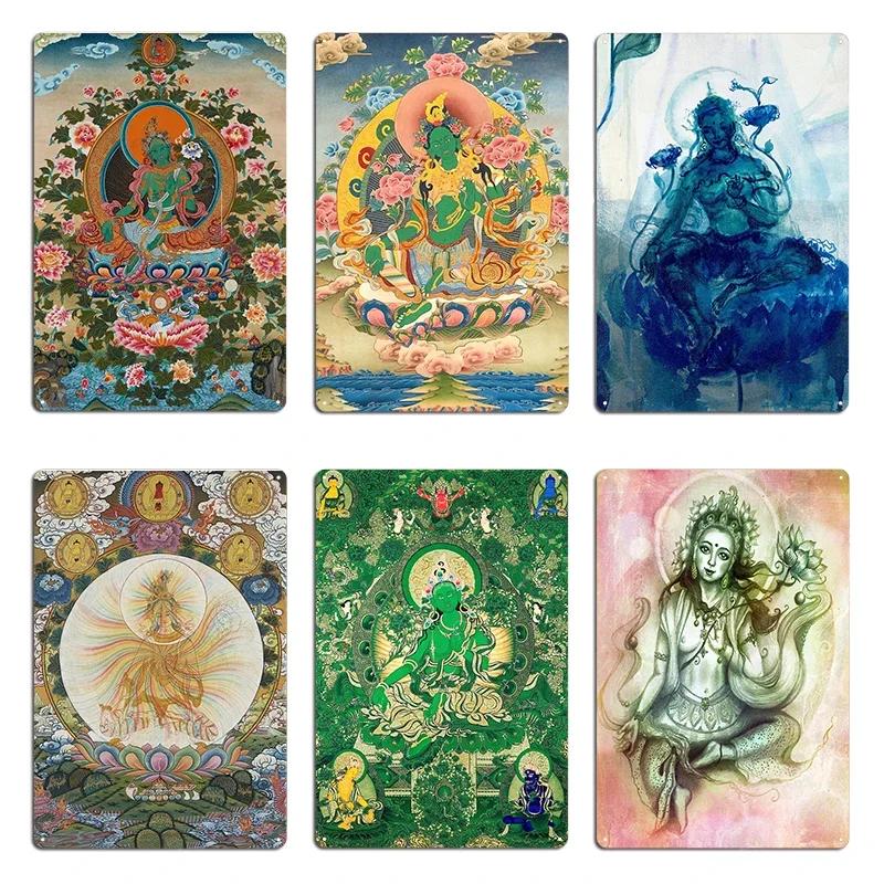 Green Tara On Lotus Throne Buddhist Thangka Metal Sign Printing Garage Club Wall Decor Plaques Painting Tin Sign Poster