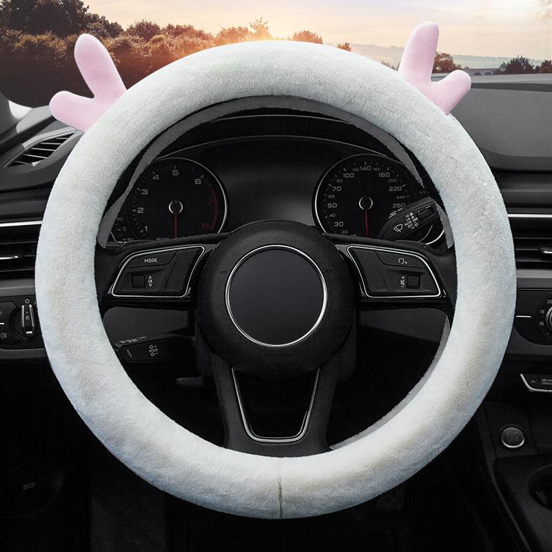 Car Accessories Winter Warmth Steering Wheel Cover Christmas Gift Cute Antlers Steering Wheel Protections Cover Plush Anti-Slip