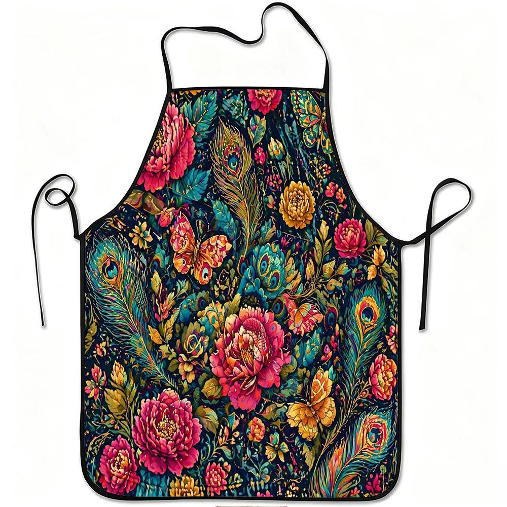 1pc Floral Butterfly Peacock Feather Print Apron, Durable And Easy to Clean, Adjustable Waistband, Polyester Material, for Kitchen Cooking, Gardening,