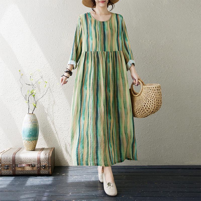 Осеннее литературное платье больших размеров из хлопка и льна с принтом, круглым вырезом и длинными рукавами для женщин, платья