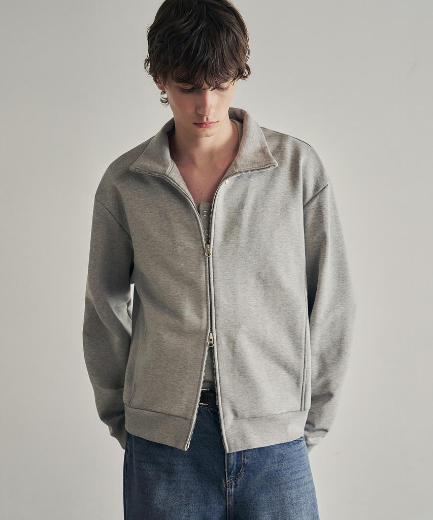 ROTEMBER Studded High-Neck Crop Zip-Up Sweatshirt [Melange Grey]