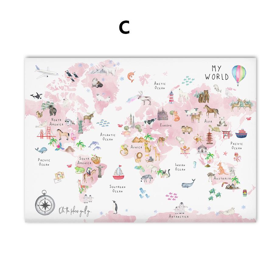 Карта мира животных алфавит ABC номер солнце облако плакат настенная живопись на холсте детская печать настенные картины декор для детской комнаты