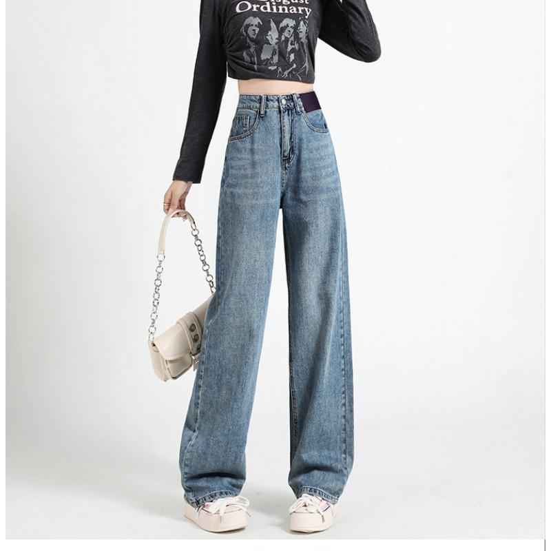Женские весенние новые тонкие свободные брюки-пэчворк прямого покроя из денима с широкими штанинами
